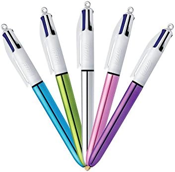 BIC 4 colorido caneta de bola de moda, ponto médio, variado, 2 contagens e caneta de brilho de 4 cores, ponto médio, barril metálico,