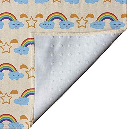 Toalha de tapete de ioga de desenho animado de Ambesonne, nuvens de estrela e olhos sorrindo dormindo feliz arco-íris