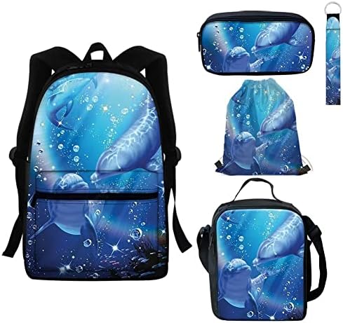 Presente Blue Blue Dolphin Print Backpack Purse for Men Men Girls Garotas Meninas Estudante Salva Escolar com Lunhana Lápis Caso Drawtring Bag Pack de Kichain de 5 crianças adolescentes Back Packs Bag