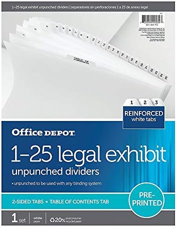 Exposição legal do Office Depot Divisores não puncidados com abas laminadas, preto/branco, numerado 1-25, 3585478214
