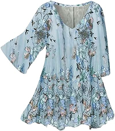 Blouses de verão para mulheres 2023 Trendy Floral Impresso Mid manga V pescoço solto e confortável túnica de túnica