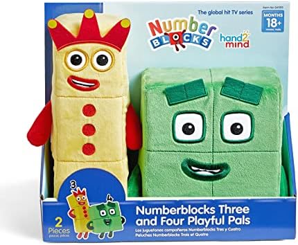 Hand2mind NumberBlocks três e quatro amigos brincalhões, brinquedos de pelúcia de desenhos animados, brinquedos de figura de