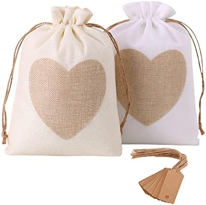 Filifala 20 peças Sacos de estopa de coração com etiquetas e cordas, bolsa de presente de linho com cordão de 5 x 7 polegadas