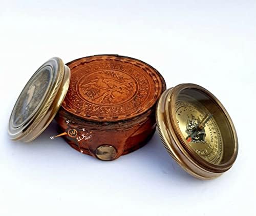 U.K Mart antigo Kookaburra Brid Bollow Compass 2 polegadas com estojo de couro