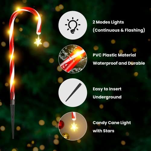 20 Pack Candy Cane Lights, Marcadores de caminho solar de Natal atualizados, decorações de Natal à prova d'água