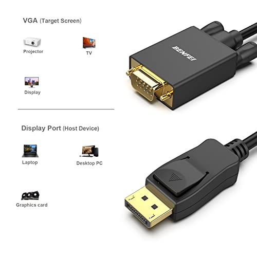 Benfei DisplayPort para adaptador VGA, DP DisplayPort para VGA a 3 pés de cabo macho para macho-de-ouro compatível com Lenovo, Dell, HP, Asus e outras marcas