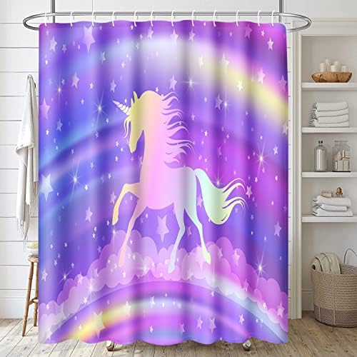 Artsocket Unicorn Bathrons com cortina de chuveiro e tapetes e acessórios, cenários de cortina de chuveiro de arco -íris de fantasia, cortinas de céu roxo para banheiro, decoração de banheiro de princesa para crianças 4 pcs