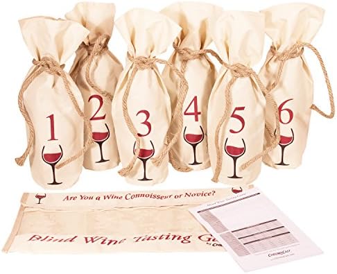 O jogo de degustação de vinhos cegos inclui: seis sacolas numeradas individualmente, bolsa de armazenamento e notas de pontuação - tudo o que você precisa é vinho!