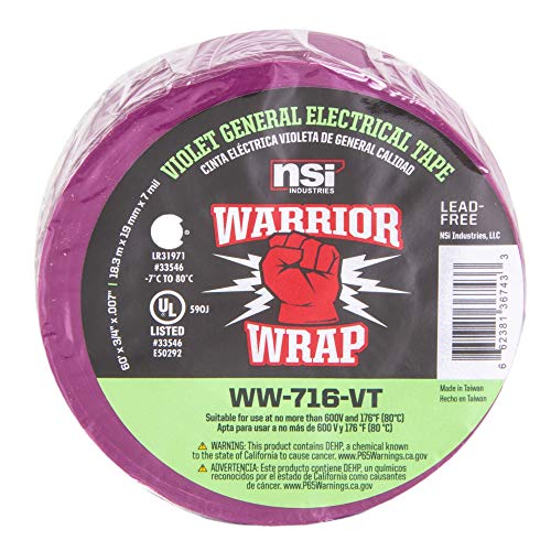 Warriorwrap General 3/4 pol. X 60 pés. 7 mil fita elétrica de vinil, violeta
