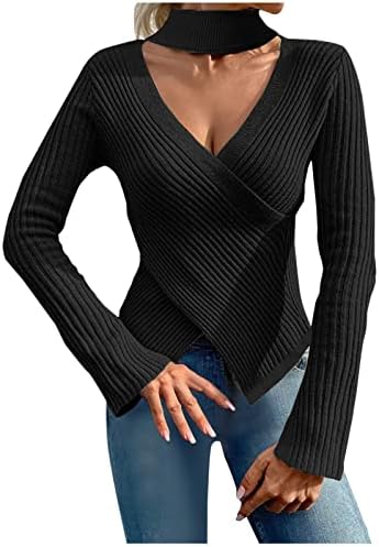 Camisolas para mulheres Moda Cross V Neck Hollow Out Ritbed Knit Pullover casual Manga longa Tops de suéter sólido