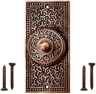 Botão da campainha Akatva com conjunto de dobradiças - 2 peças portões de portão para cercas de madeira para serviço pesado - botão de sino - botão de campainha com fio - dobradiças para portas - dobradiças pretas - acabamento de cobre antigo