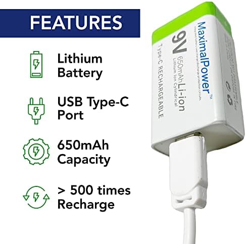 MaximalPower 9V Bateria recarregável de íons de lítio 650mAh com cabo de carregamento USB tipo C | Para detectores de fumaça, alarme digital, pedais de guitarra, rádios, etc.