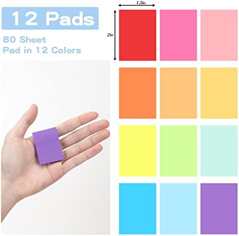 EOUT 12 Pads pequenas notas pegajosas com 12 cores brilhantes, 1,5x2 polegada Mini auto-adesivo minúsculo bloco de notas para