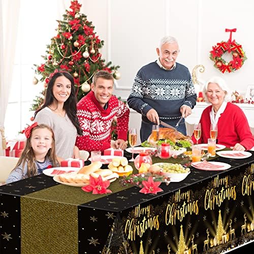 BKECTEN 3PACK Feliz Natal Decorações de toalhas de mesa preto e dourado, Tabela de mesa de toalhas de plástico Retângulo para a mesa de mesa descartável para o Natal Novo Inverno Festas de Festas Decoração de Tabelas, 54x108 polegadas