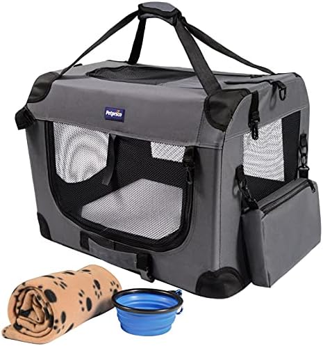 Petprsco portátil colapsível cã Crate, viagem de cachorro de viagem 24x17x17 com cobertor quente e macio e tigela dobrável