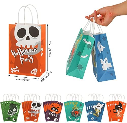 Lokipa Halloween Papel Sacos de presente com alça, 24 Sacos de tratamento de papel Kraft de Halloween para brindes ou travessuras