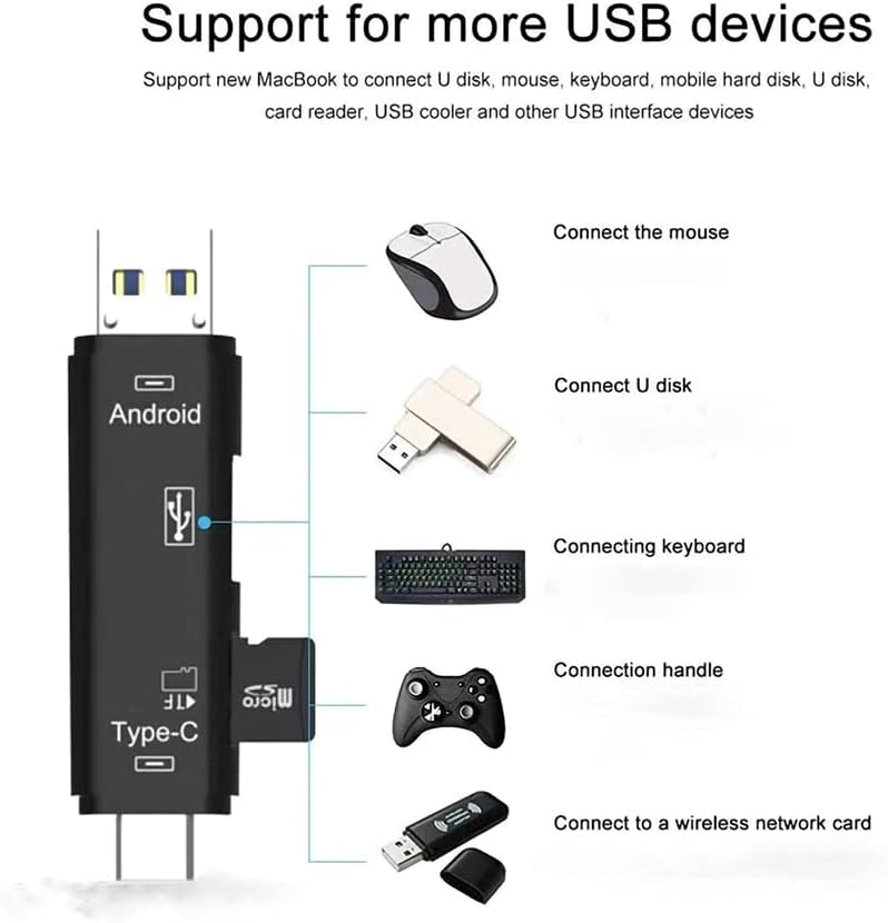 Volt+ 5 em 1 Cartão multifuncional Leitor compatível com Xiaomi Mi A3 possui USB tipo C/ microUSB/ TF/ USB 2.0/ SD Reader