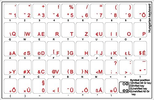 Etiquetas do teclado húngaro com letras vermelhas em fundo transparente
