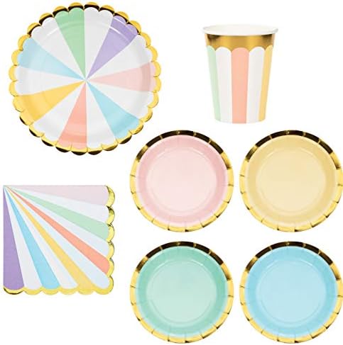 Pacote de utensílios de festa de festa em pastel | Placas, guardanapos, xícaras para 8 pessoas | Decorações de aniversário, utensílios