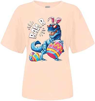 Feliz Camisas de Páscoa para mulheres dinossauros e ovo de Páscoa Camiseta gráfica Carta engraçada Letra impressa Tee de manga