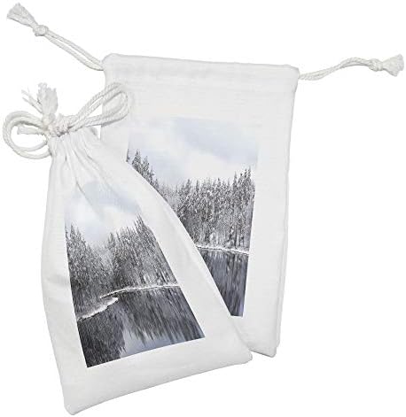 Ambesonne Woodland Fabric bolsa Conjunto de 2, lago cercado por árvores cobertas de neve em um dia frio de inverno nas reflexões