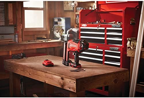 Craftsman V20 Brad Nailer, sem fio, aciona 18ga pregos de acabamento, congestionamentos sem ferramentas e configurações de barraca, bateria e carregador incluídos, vermelho, preto
