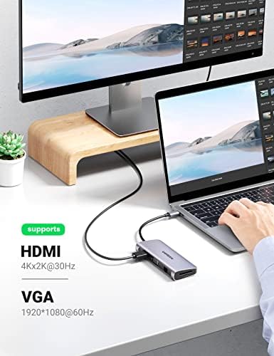 UGREEN USB C HUB, PARTE DE ATAPAÇÃO DO USB-C 10-1, monitor duplo 4K HDMI e VGA, Ethernet de 1 Gbps, 100W PD, 3 portas USB 3.0, adaptador