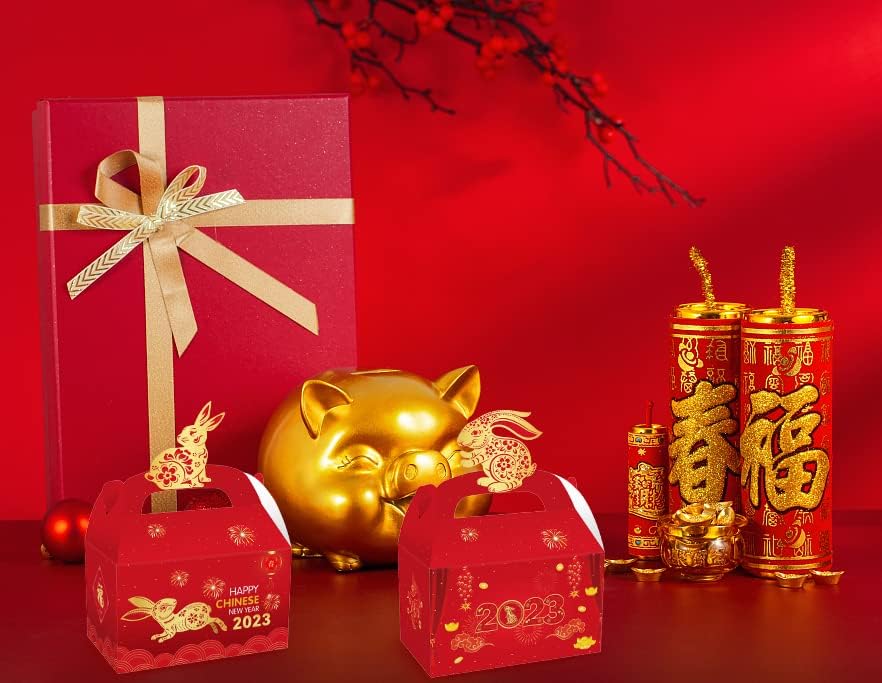 Heureppy 12 peças 2023 Caixa de presente do Ano Novo Chinês com Handle Goodie Candy Treat, caixas do Rabbit Spring Festival Party