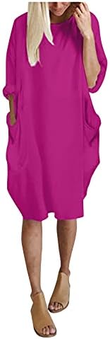 Vestido solto pescoço redondo feminino Casual até a manga midi vestidos de bolso de cor sólida POCKE POCKE