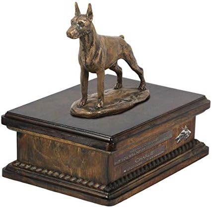 Doberman cortou 2, urna para cães Ashes Memorial com estátua, nome e citação de animais de estimação - Artdog personalizado