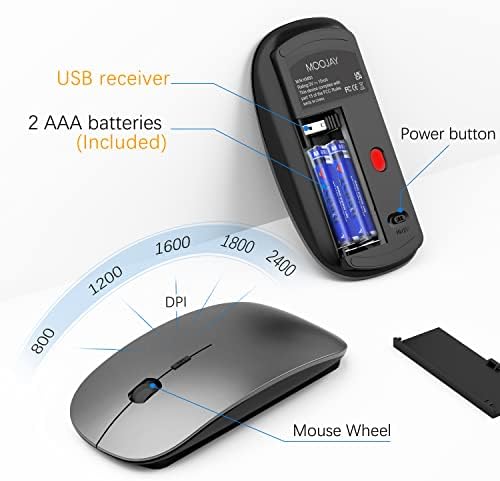 Teclado sem fio e mouse com mouse black ultra slim combo, moojay 2.4g USB silencioso scissor scissor scissor ratos de teclado conjunto com tampa, 2 pilhas AA e 2 AAA, para laptop/pc/windows - cinza preto