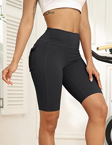 Confortável shorts de motociclista feminino com bolsos de botão treino atlético executando shorts de bicicleta de ioga