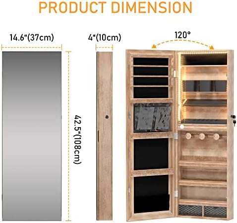 LVSOMT 3 LEDS Gabinete de jóias com espelho de corpo inteiro, espelho corporal independente com armazenamento de jóias, organizador