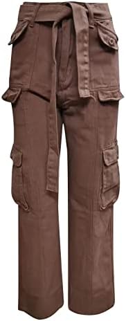 Calça de carga Mulheres Canda alta jeans Bolcão de aba de bolso relexado Faixa de perna reta Y2K Denim Troushers With Belt