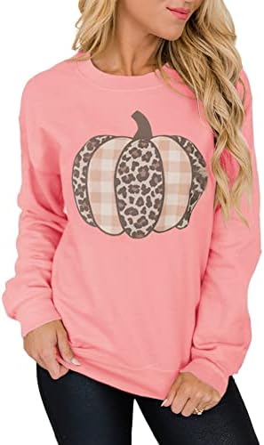 Jeemery Women's Halloween Leopard Print Pumpkin Sweetshirts Crewneck de manga longa Casual Sweeters Tops Tops