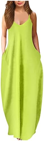AdiHowBew Womens Fashion Fashion Casual Sleeseless V Disc Neck Solid Size Maxi Dress com bolsos
