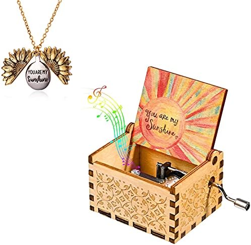 You Are My Sunshine Music Boxes com colar de girassol, caixa musical da mão de madeira vintage e Mensagem e Mensagem