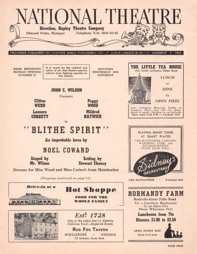 Noel Coward Blithe Spirit Clifton Webb/Peggy Wood/Mildred Natwick/Leonora Corbett 1941 Washington, DC Programa de teste