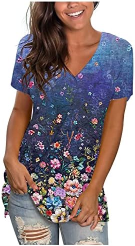 2023 Tops de verão para mulheres, tees de estampa floral feminina Blusa de túnica curta Túnica V camisetas de verão Tops casuais de verão