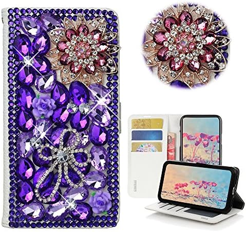 Stenes iPhone SE CASO - ELETILIZADO - 3D Handmade Bling Crystal Luxury Flowers Design Slots de cartão de crédito da carteira Dobra capa de couro para iPhone 5/ iPhone 5s/ iPhone SE - Deep Purple