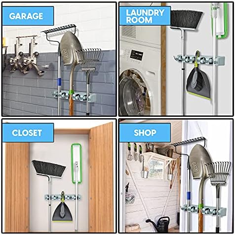 Innovatex Garage Tool Storage Rack Mop e Broom Selder Mount Organizer, 5 slots de cabide para ancinhos, pás, ferramentas de