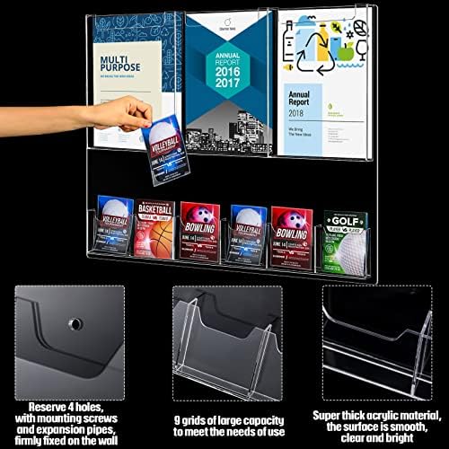 Oncente de acrílico portador de parede rack de montagem acrílica Literatura de revista de acrílico Display Clear 9 bolsos