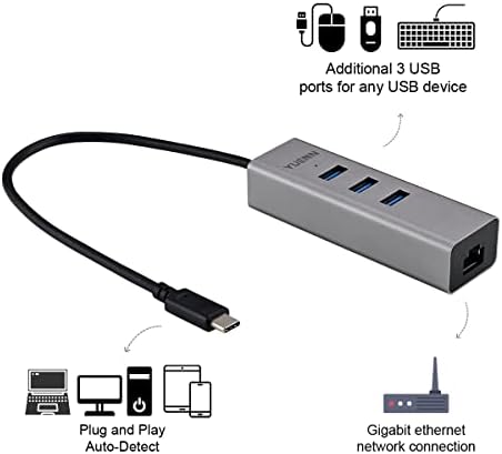 Yuenn USB-C Metal Hub de 3 portas com o adaptador Ethernet Gigabit, USB-C para RJ-45, para tablet PC de laptop com conector