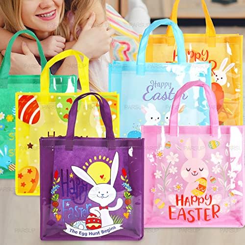 6pcs Feliz Páscoa Bolsas de Caça de Ovos de Páscoa Páscoa Bunny Cenout Chick ovo sacos de presente com alças, sacos de tratamento de