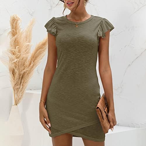 Roupa Sexy Fragarn para Mulheres, Moda de verão feminina Casual Color Solid Color Ruffled Sleeve Slim Cotton Dress Slim