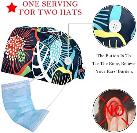 2 pacotes de tampa de trabalho com botão e banda de suor para mulheres longas cabelos ajustáveis ​​Chapéu de costas colorido Floral grande colorido