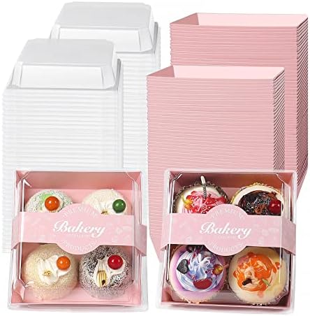 Deziwood Caixas de charcutaria de 100 pacotes com tampas seguras claras e 100 pcs adesivos, 5.3x4.9x2,5 polegadas rosa Quadro de alimentos Rosa Caixas de biscoitos para sanduíche, pastelaria, sobremesa