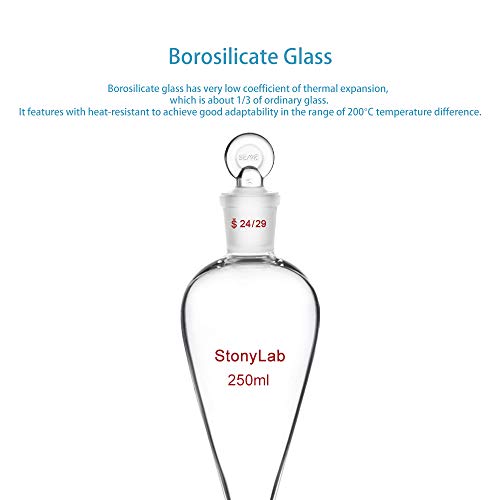 Funil de separação de Stonylab Ptfe Stopcock 250ml, Borossilicate Glass Wall Heavy Parede cônica em forma de pêra Funil