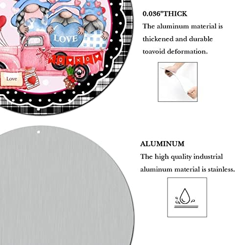 Sinais de grinaldas do dia dos namorados redondos de metal redondos Hello Love Gnome Truck Red Heart Plaid Plaid Tin Sign