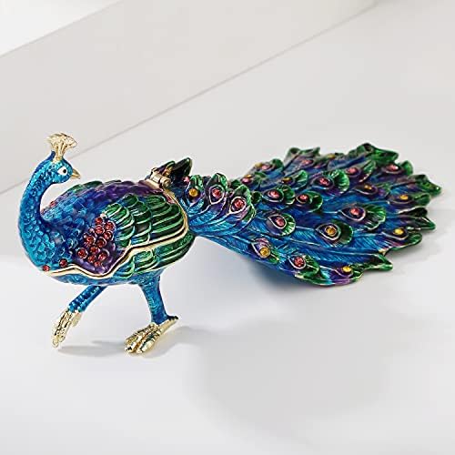 Caixa de bugigangas de pavão elegante pintada à mão, organizador de jóias articulado Mini Brincos de anel Brincos,